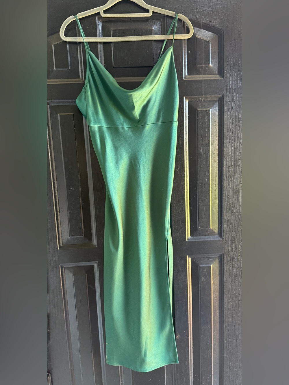 Emerald Satin Slip Midi Dress with Cowl Neck